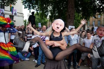 London Downing Street protest demanding that Pussy Riot members be freed, shows support for LGBTQ Russia. (Click pic for link.)